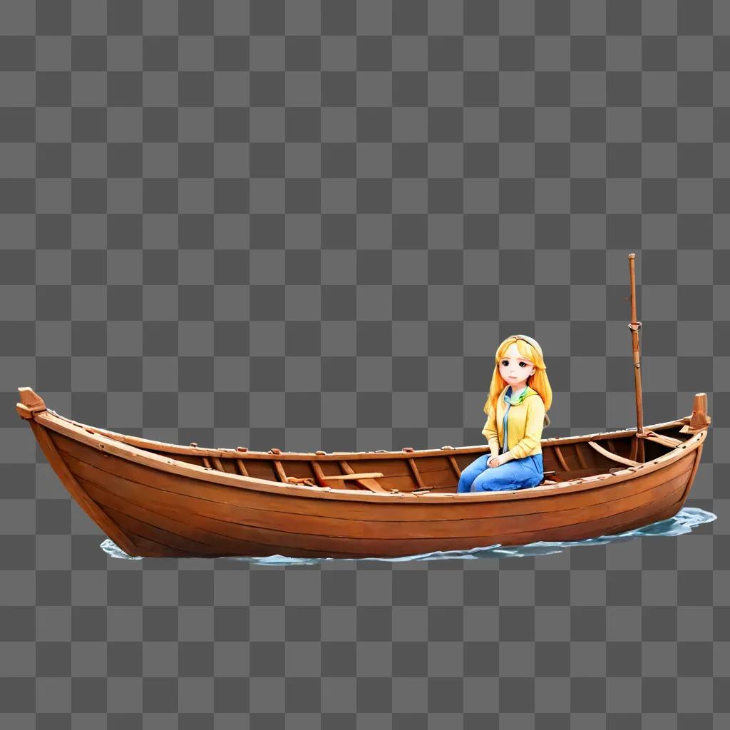 恥ずかしがり屋のボートの絵 茶色い壁のボートに座っている女の子