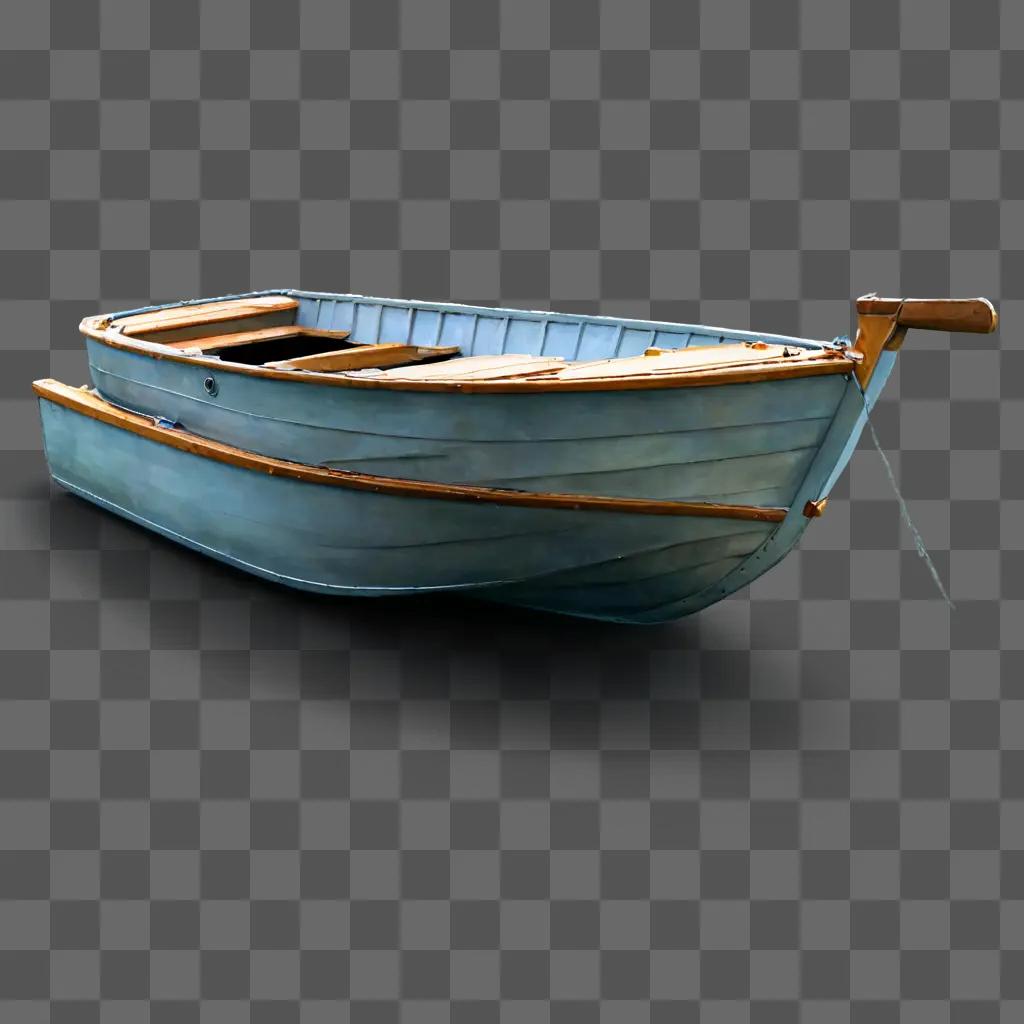 恥ずかしがり屋のボートの描画 グレーの表面にウッドデッキのある水色のボートが座っています