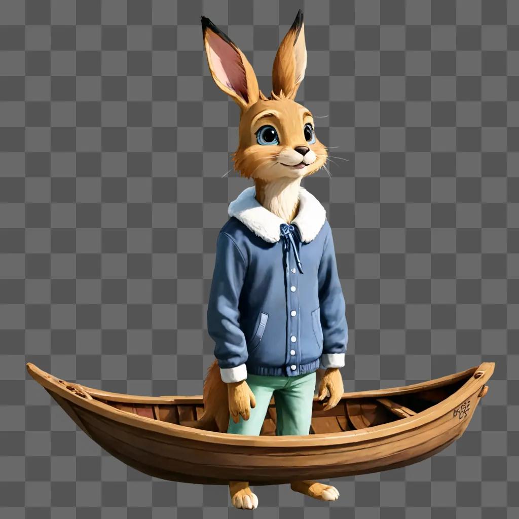 恥ずかしがり屋のボートの絵 青いジャケットと緑のズボンを着たアニメーションのウサギがボートに立っています