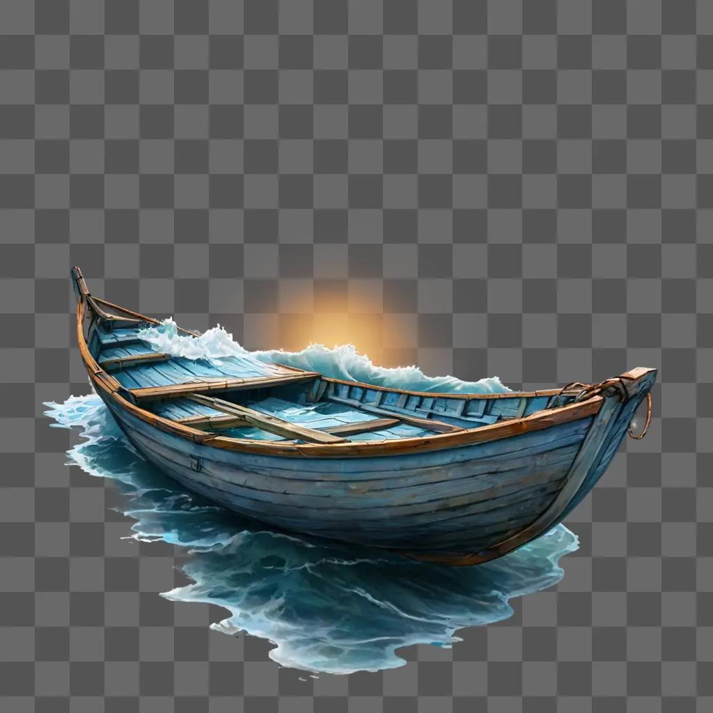 恥ずかしがり屋のボートの描画 夕日の下、荒れた海を進む古いボート