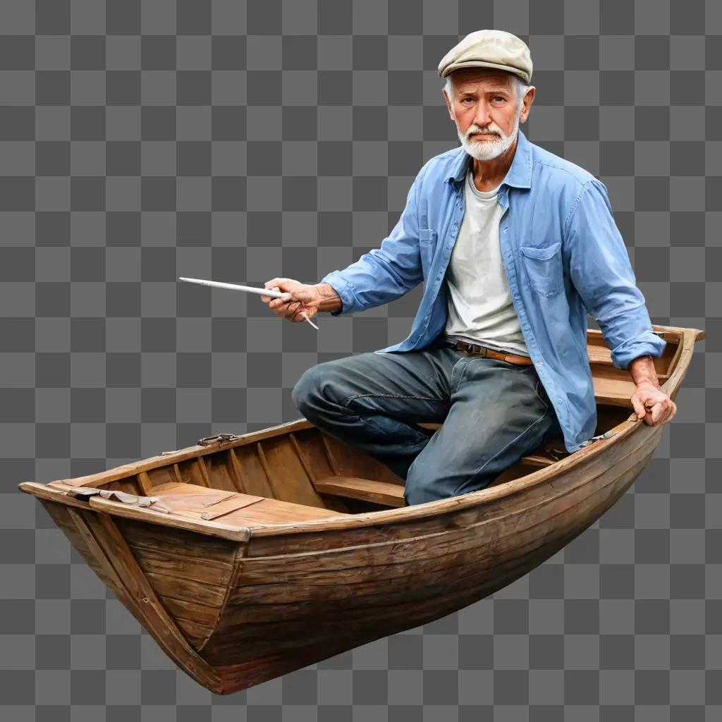 恥ずかしがり屋のボートの絵年配の男は明るい背景にボートに座っています