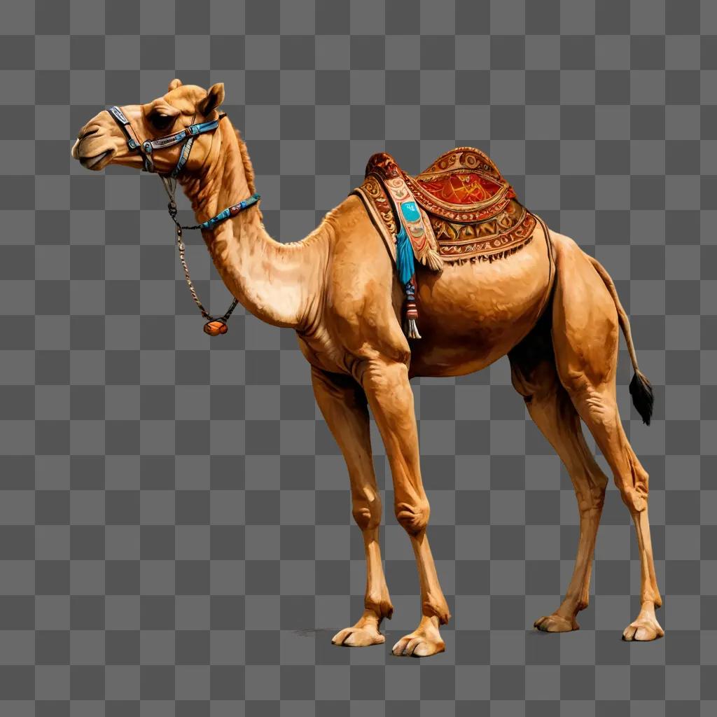 coy camel drawing A camel with a saddle and a harness is on a brown background