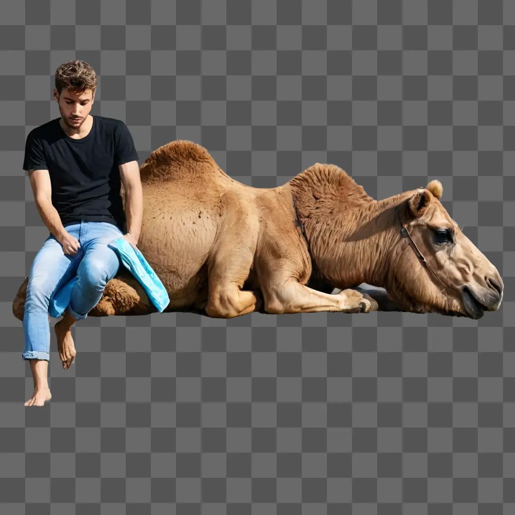 coy camel drawing A man sits next to a camel on a brown background