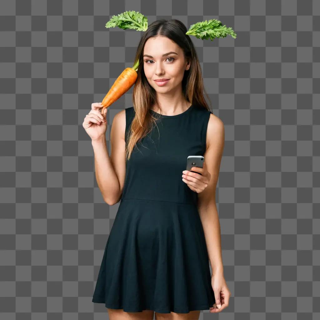 coy carrot drawing A woman in a black dress with a carrot in her hair