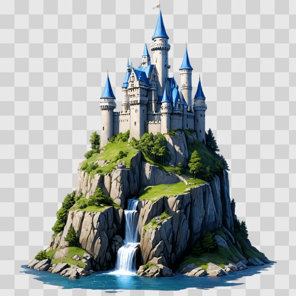 coy castle drawing A fantasy castle on a rocky island with a waterfall