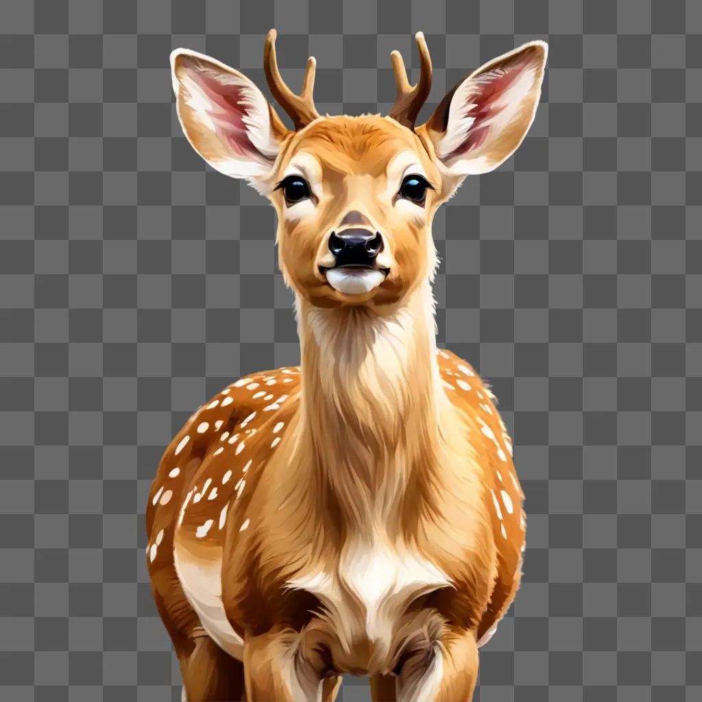 coy deer drawing A young deer with brown spots stands in front of a beige background