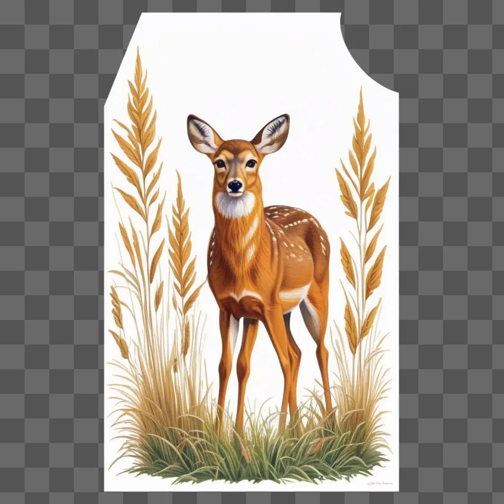 coy deer drawing with a background of grass and wheat