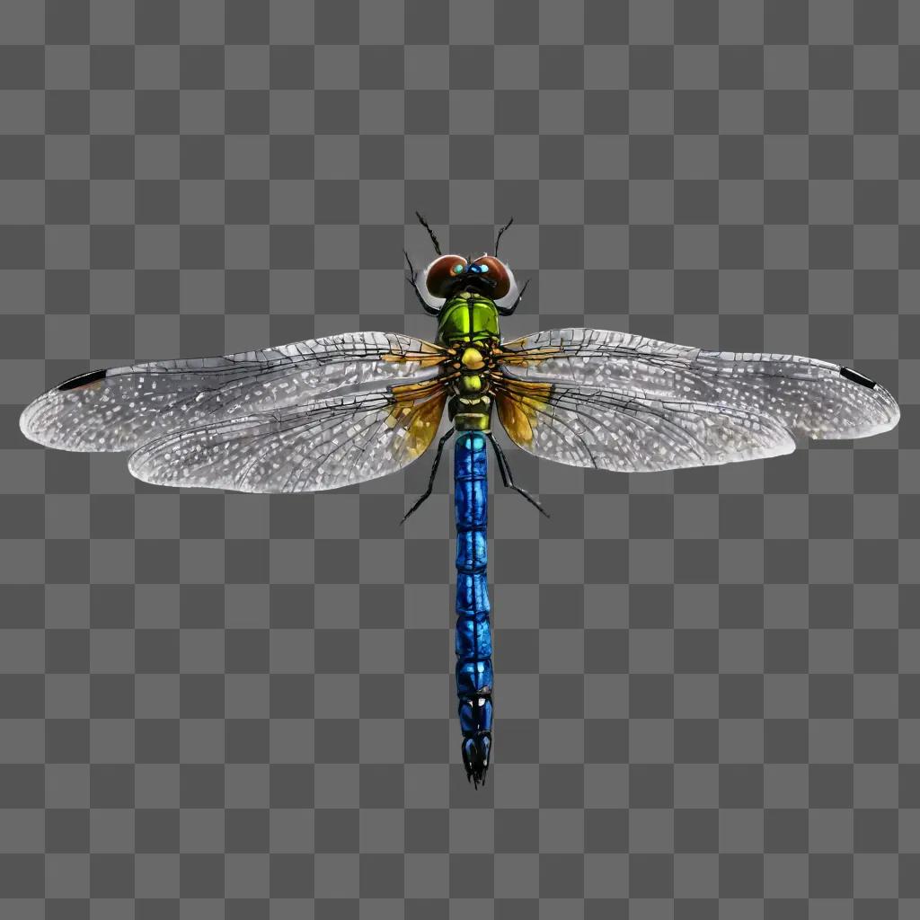 coy dragonfly drawing A blue and green dragonfly with yellow eyes