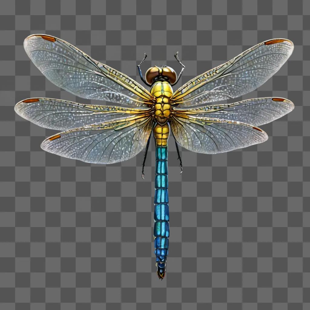 coy dragonfly drawing A blue and yellow dragonfly on a gray background