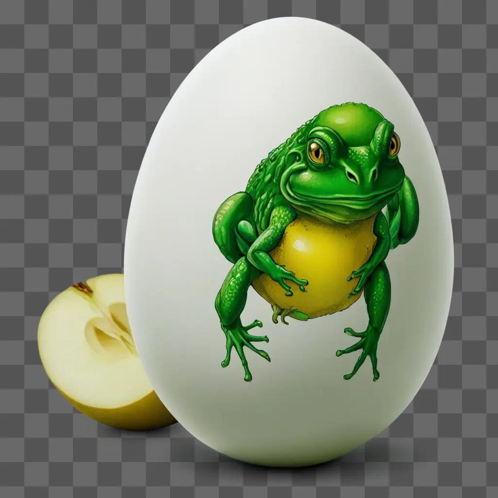 coy egg drawing Green frog on egg with apple slice in the background