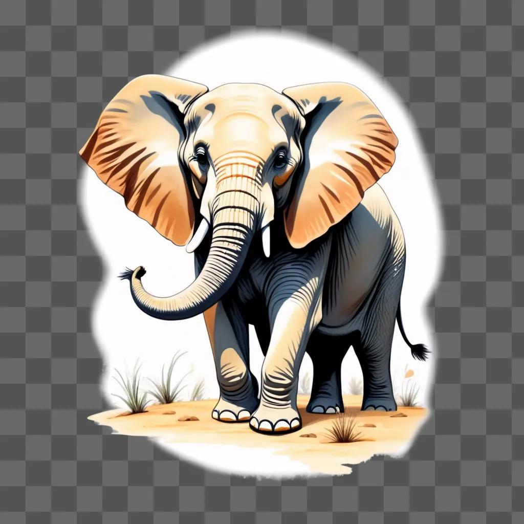 coy elephant drawing with a gray and tan color scheme