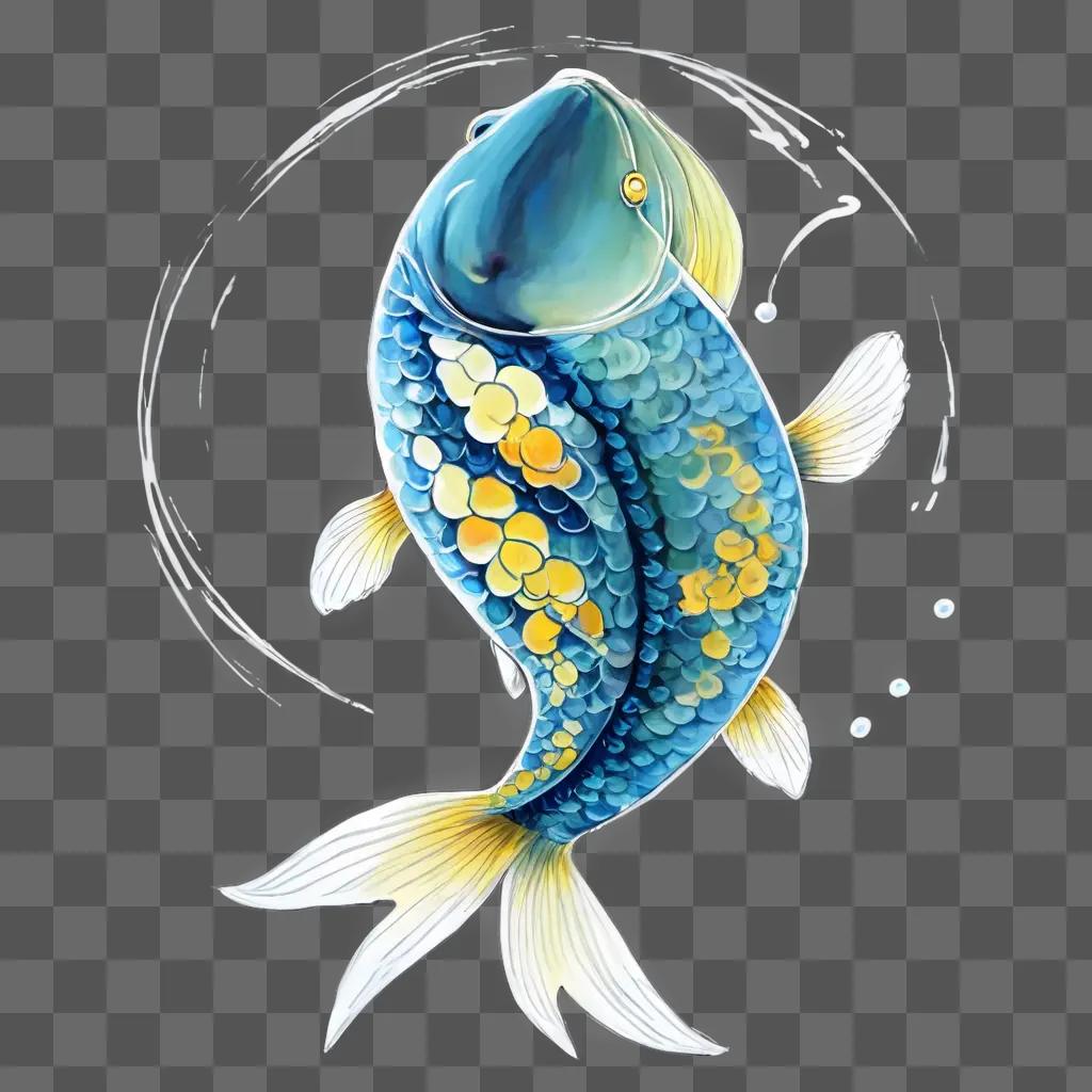 coy fish drawing A blue and yellow fish is painted on a light blue background