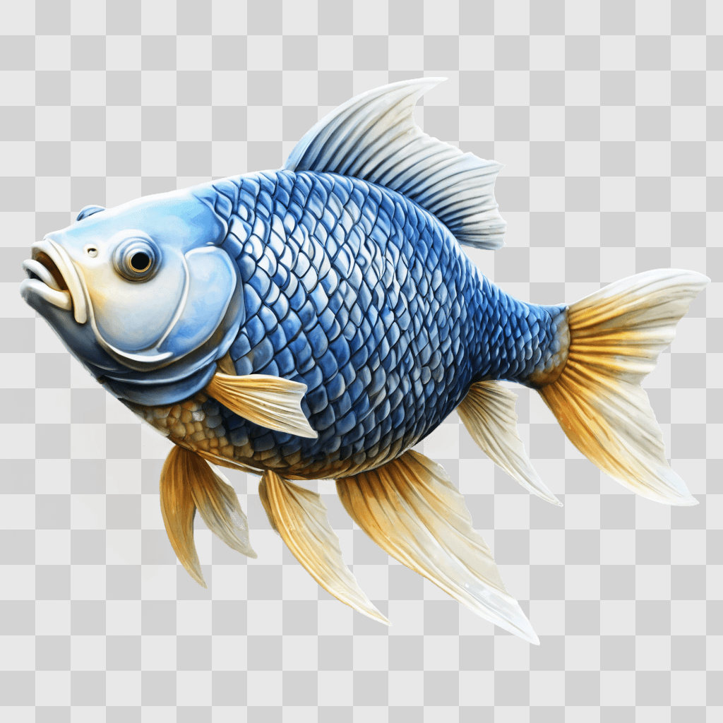 coy fish drawing A blue fish with yellow fins against a gray background