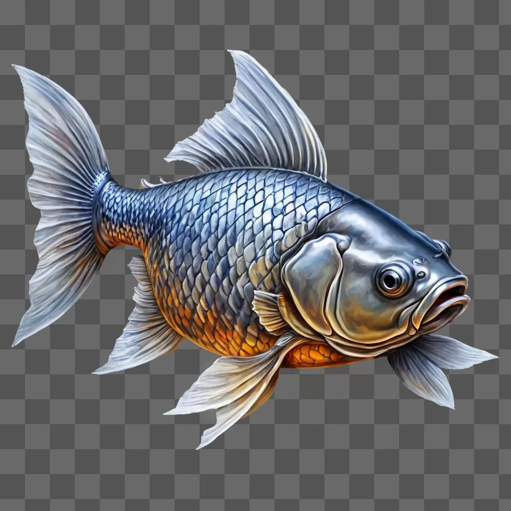 coy fish drawing A fish in a metal design against a gray background