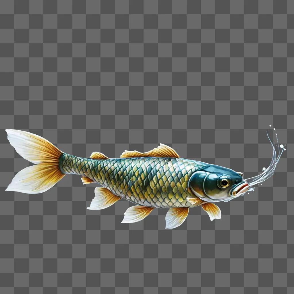 coy fish drawing A fish with a light blue and gold body is floating on a grey background