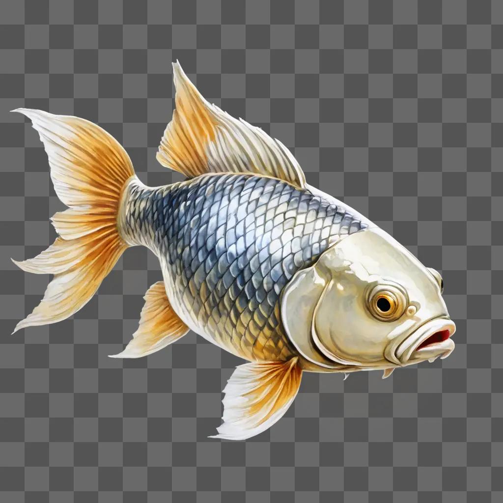 coy fish drawing A fish with yellow fins is on a beige background