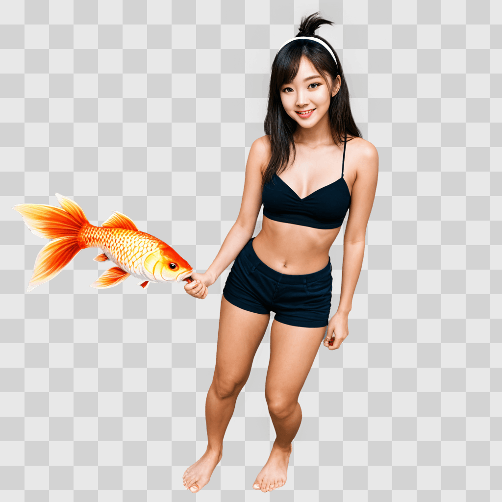 coy fish drawing A girl poses with a fish on a brown background