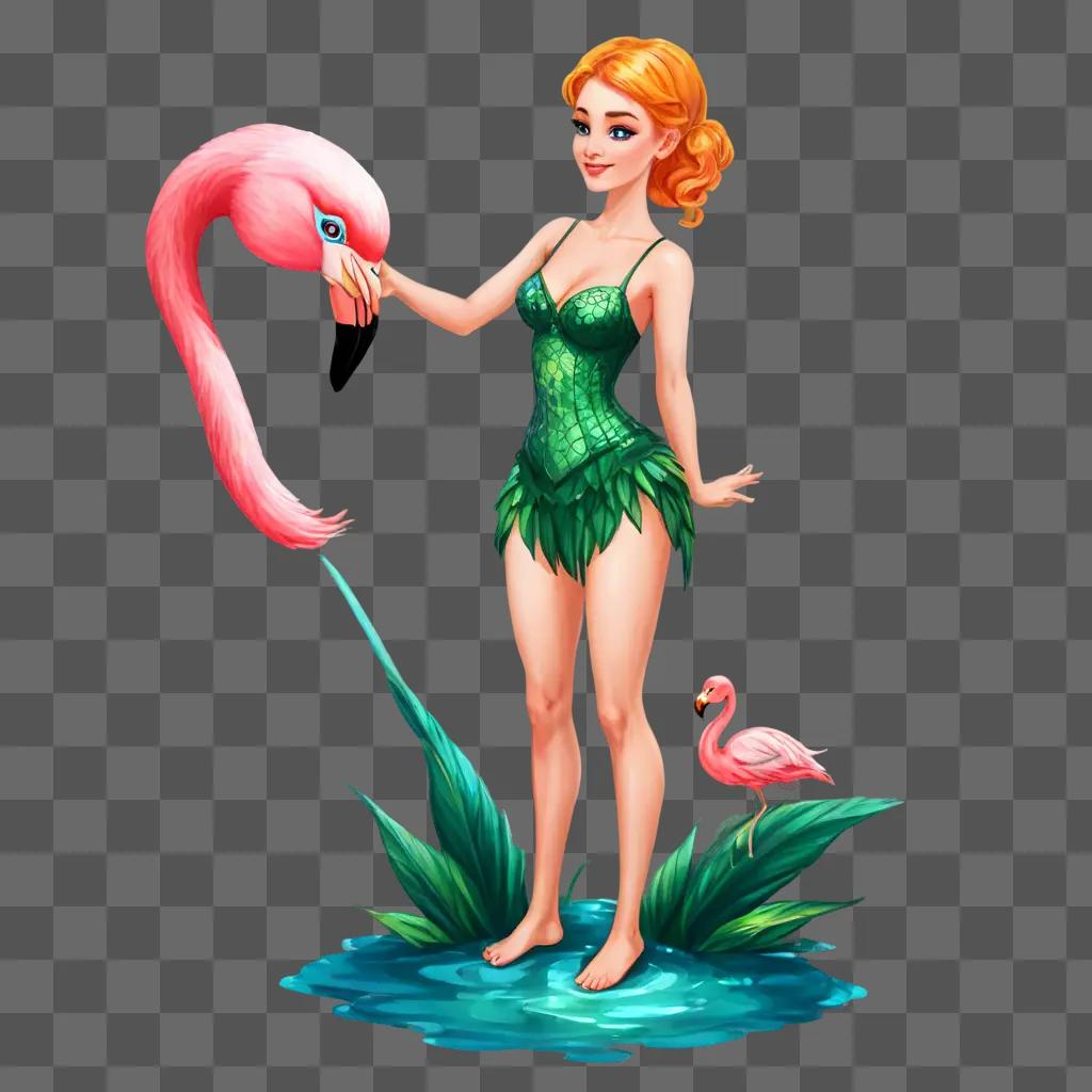 coy flamingos drawing A woman in green dress holds a pink flamingo