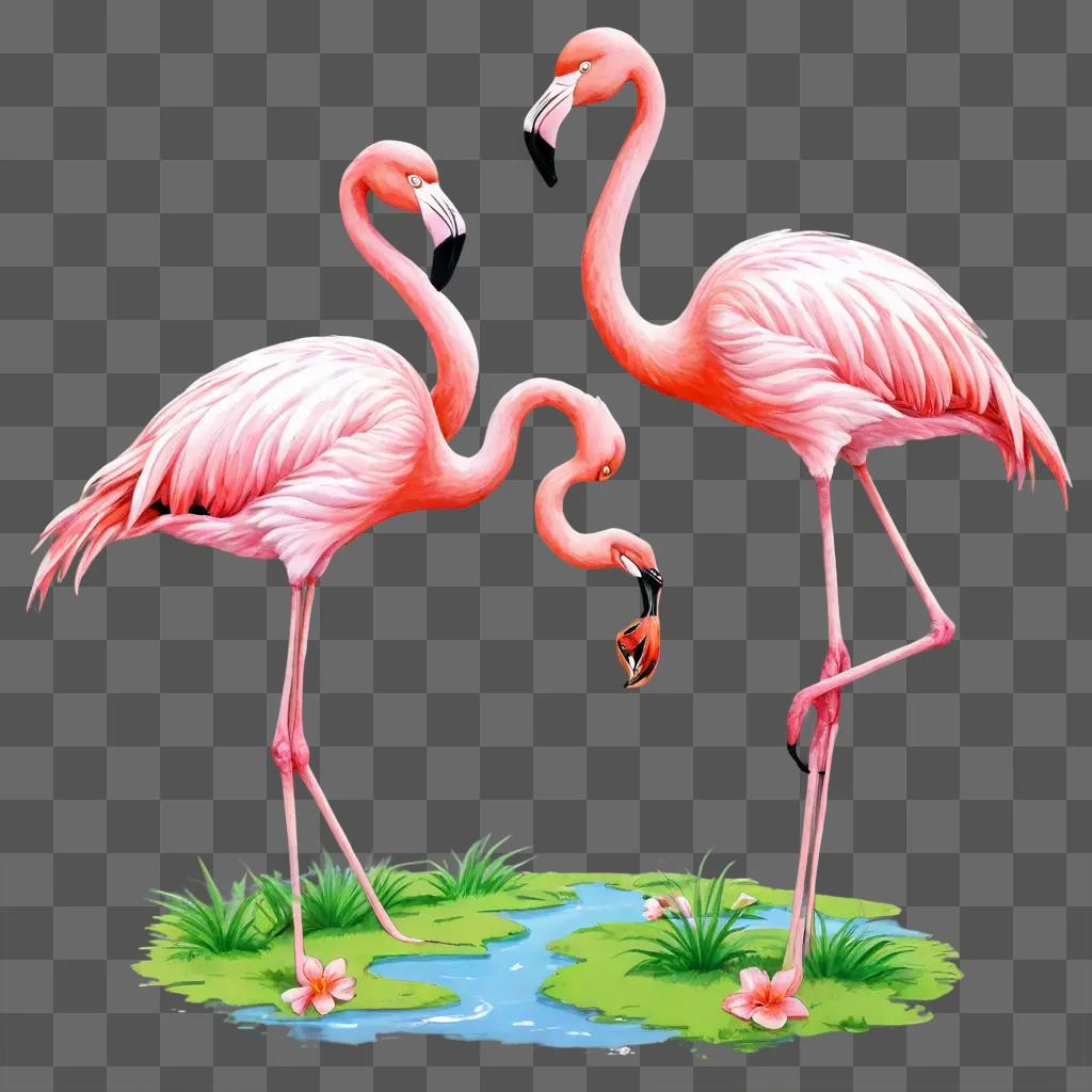 coy flamingos drawing Flamingos are standing in a pond of water