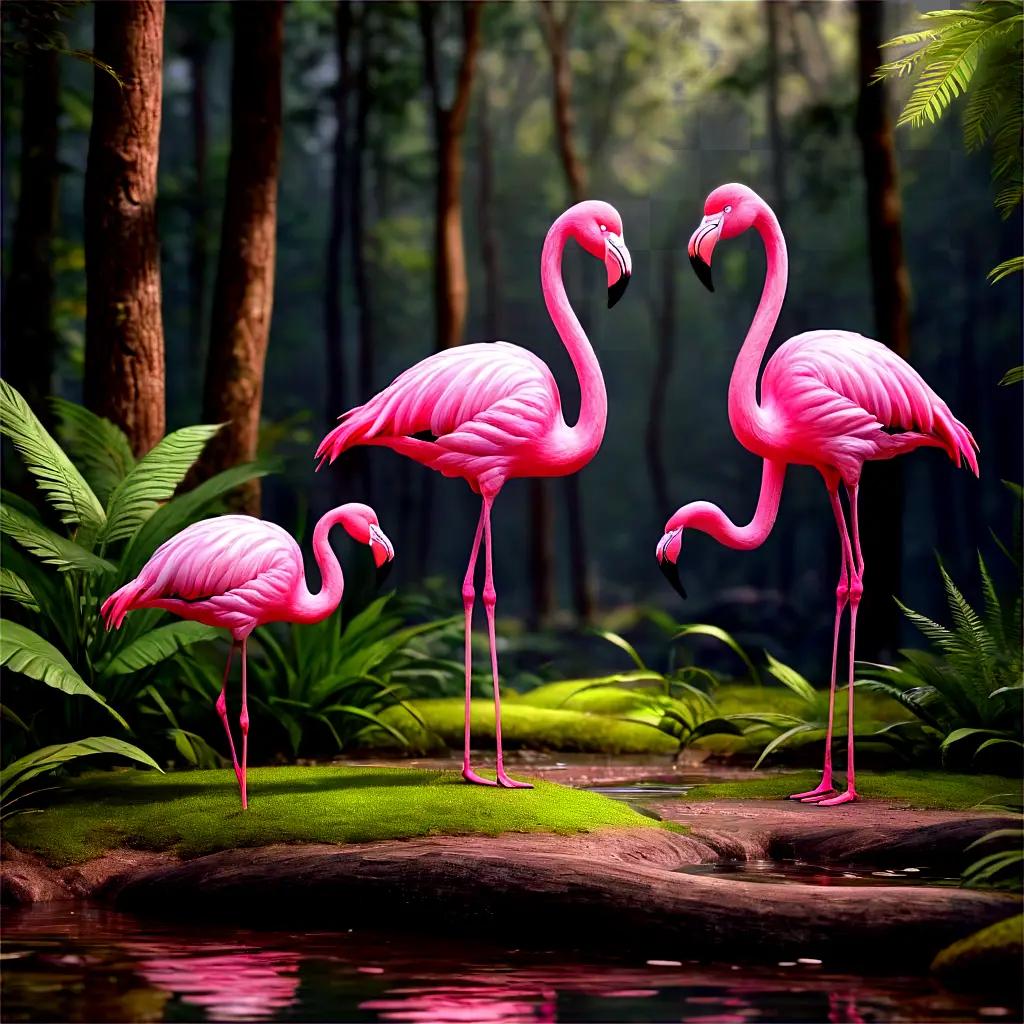 coy flamingos drawing Four pink flamingos in a tropical forest