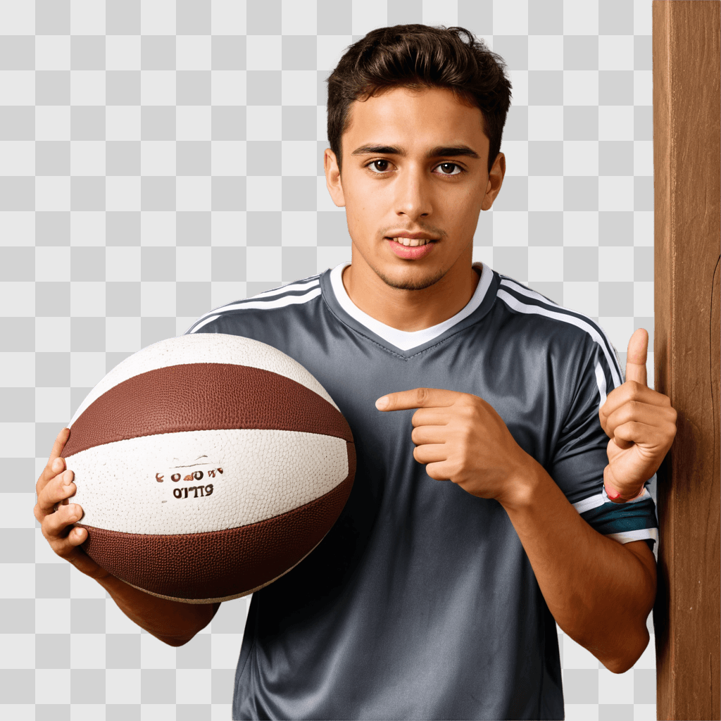 coy football drawing A man in a grey shirt holds a ball with a white and red design