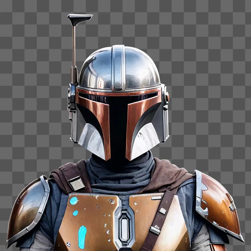 coy gift drawing A Mandalorian wears a helmet on a grey background