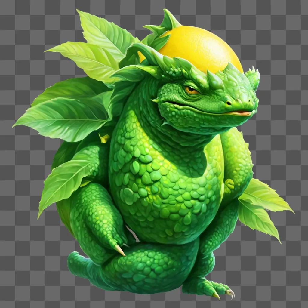 coy lemon drawing A green dragon with leaves on its head