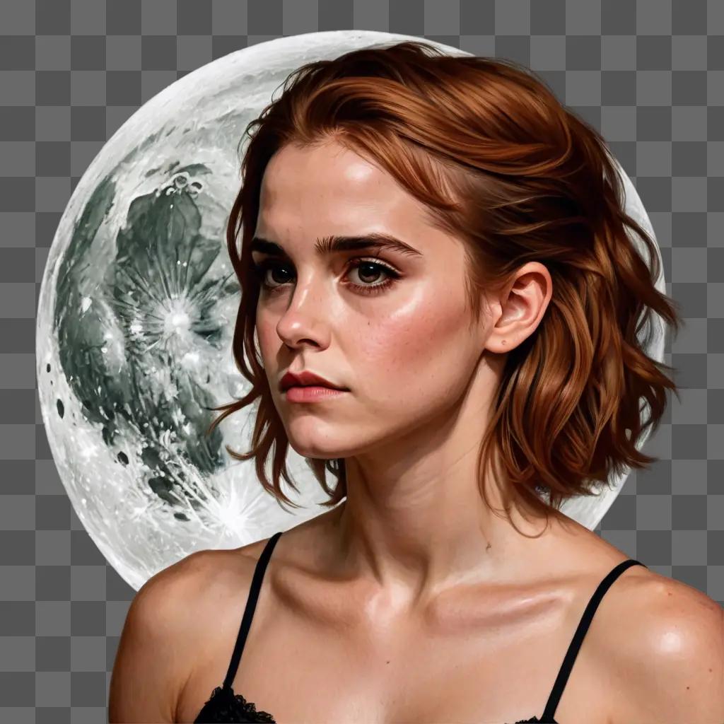 coy moon drawing A young woman with short hair and a black bra looks at a moon