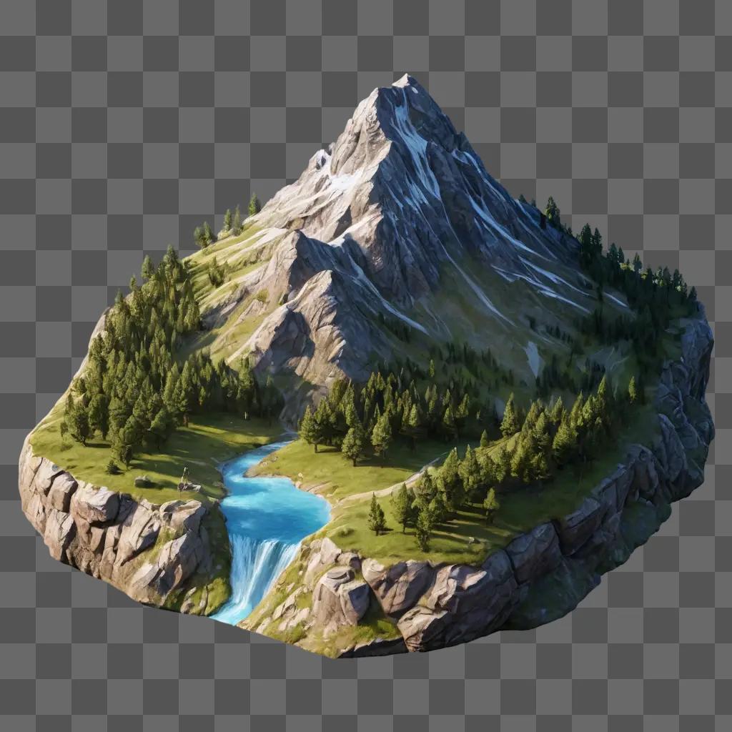 coy mountain drawing A 3D model of a rocky island with a river and trees