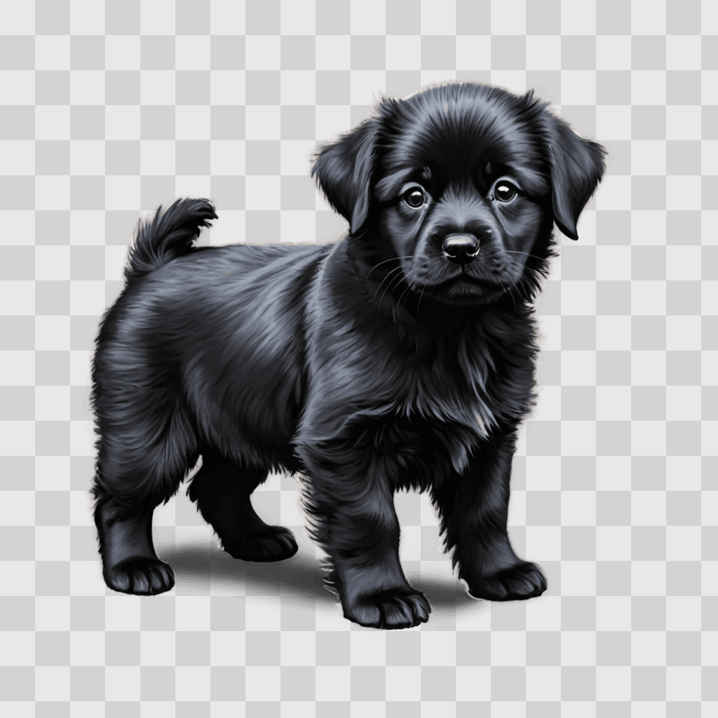 coy mountain drawing A black puppy with white fur stands alone