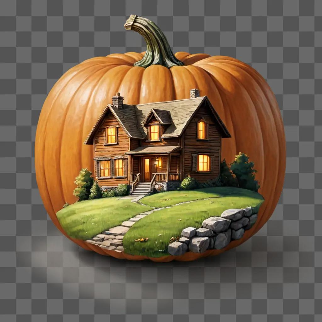 coy pumpkin drawing A pumpkin displays a house and a path