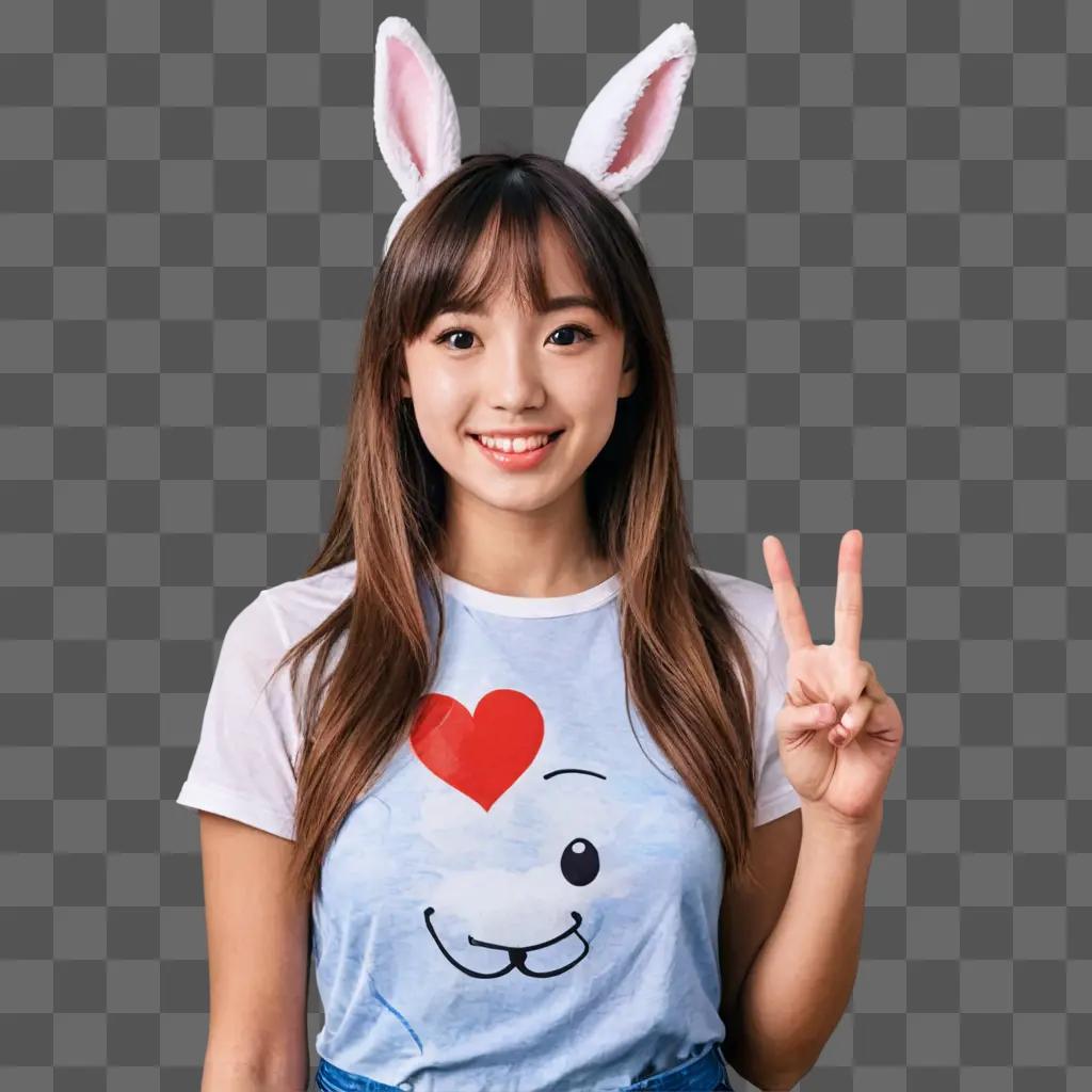 coy rabbit drawing A girl with bunny ears and a heart on her shirt makes a peace sign