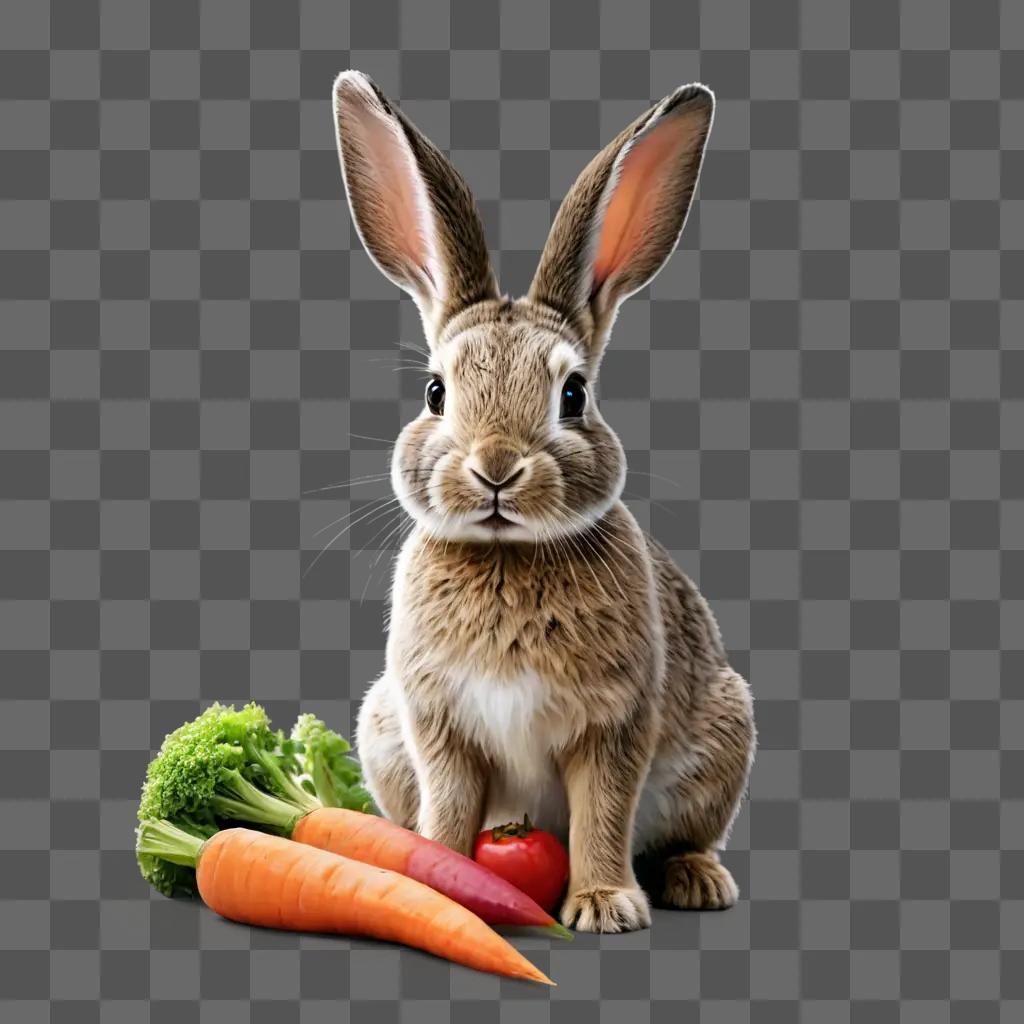 coy rabbit drawing A rabbit sitting beside carrots and a tomato