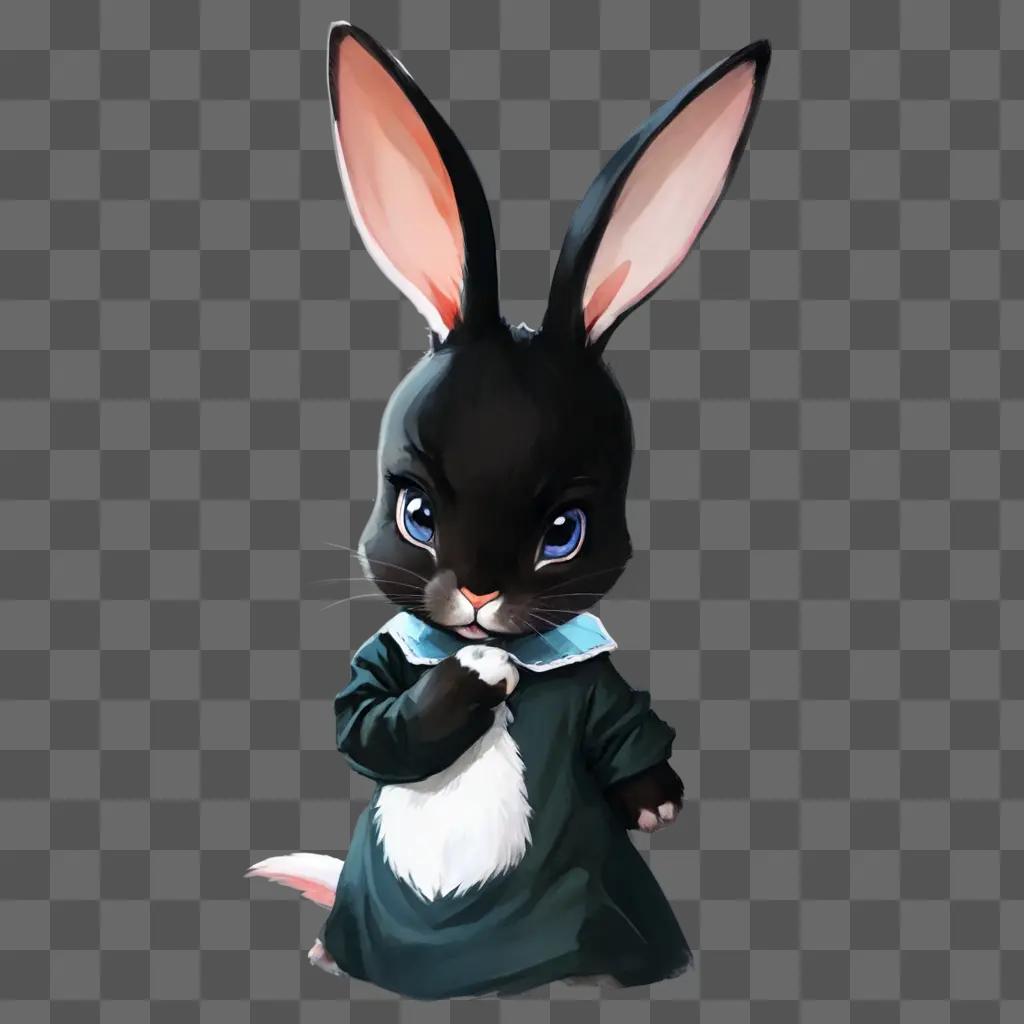 coy rabbit drawing Black bunny with blue dress and white nose