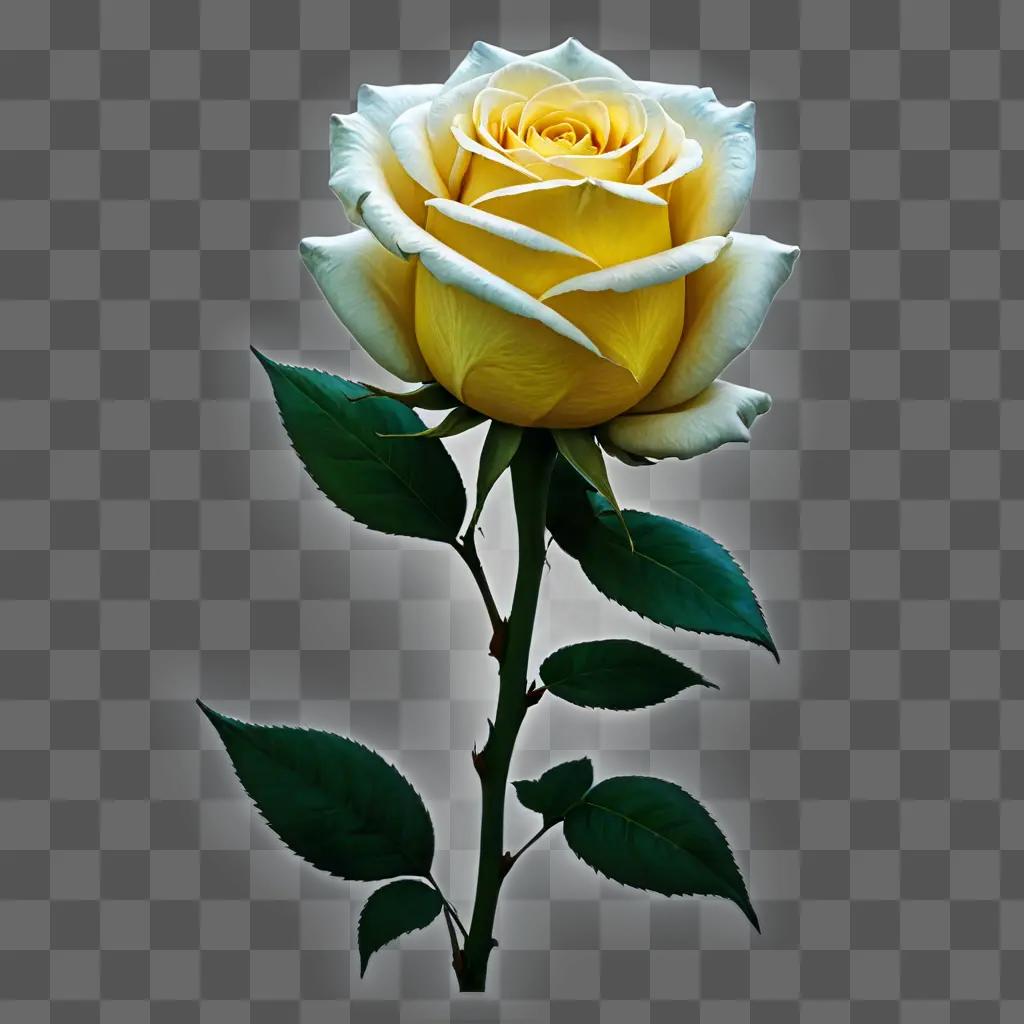 coy rose drawing A single yellow rose with white center and green leaves