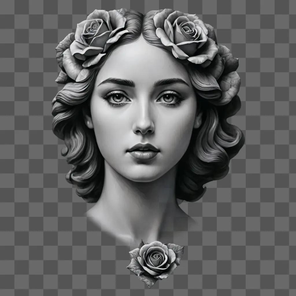 coy rose drawing Black and white portrait of a woman with roses