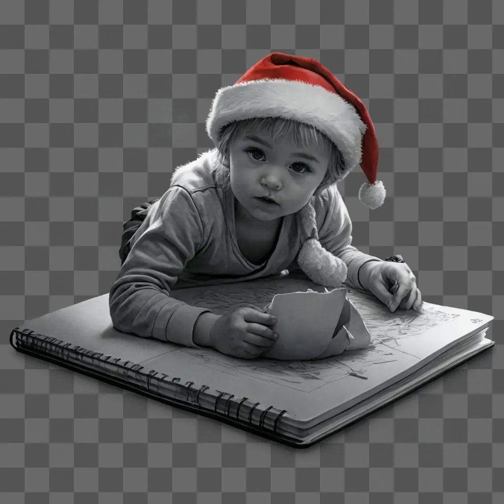 coy santa hat drawing A child in a Santa hat draws with a notebook