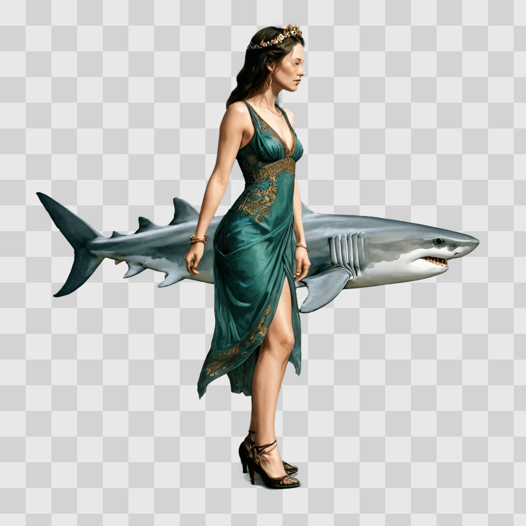 coy shark drawing Woman in green dress standing next to shark