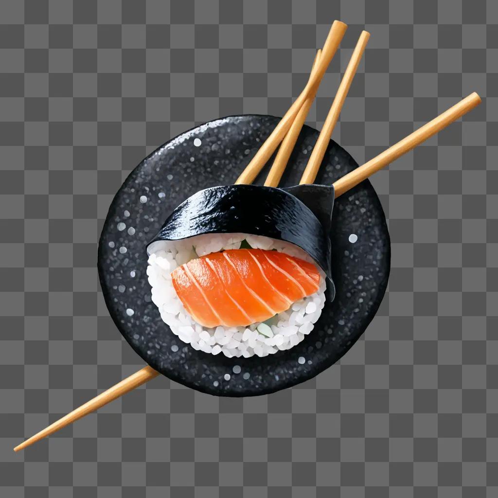 coy sushi drawing A sushi roll with a black wrapper is served on a plate with chopsticks