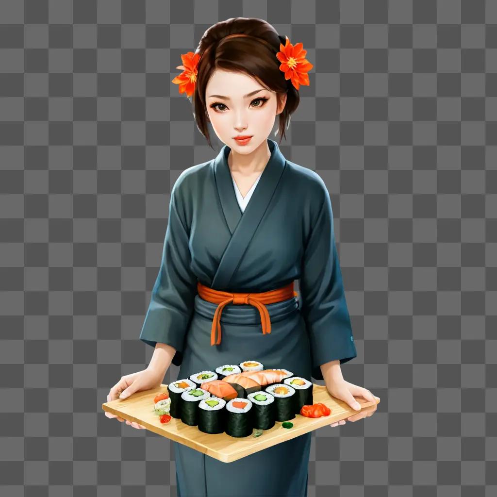 coy sushi drawing An Asian girl holds a sushi tray