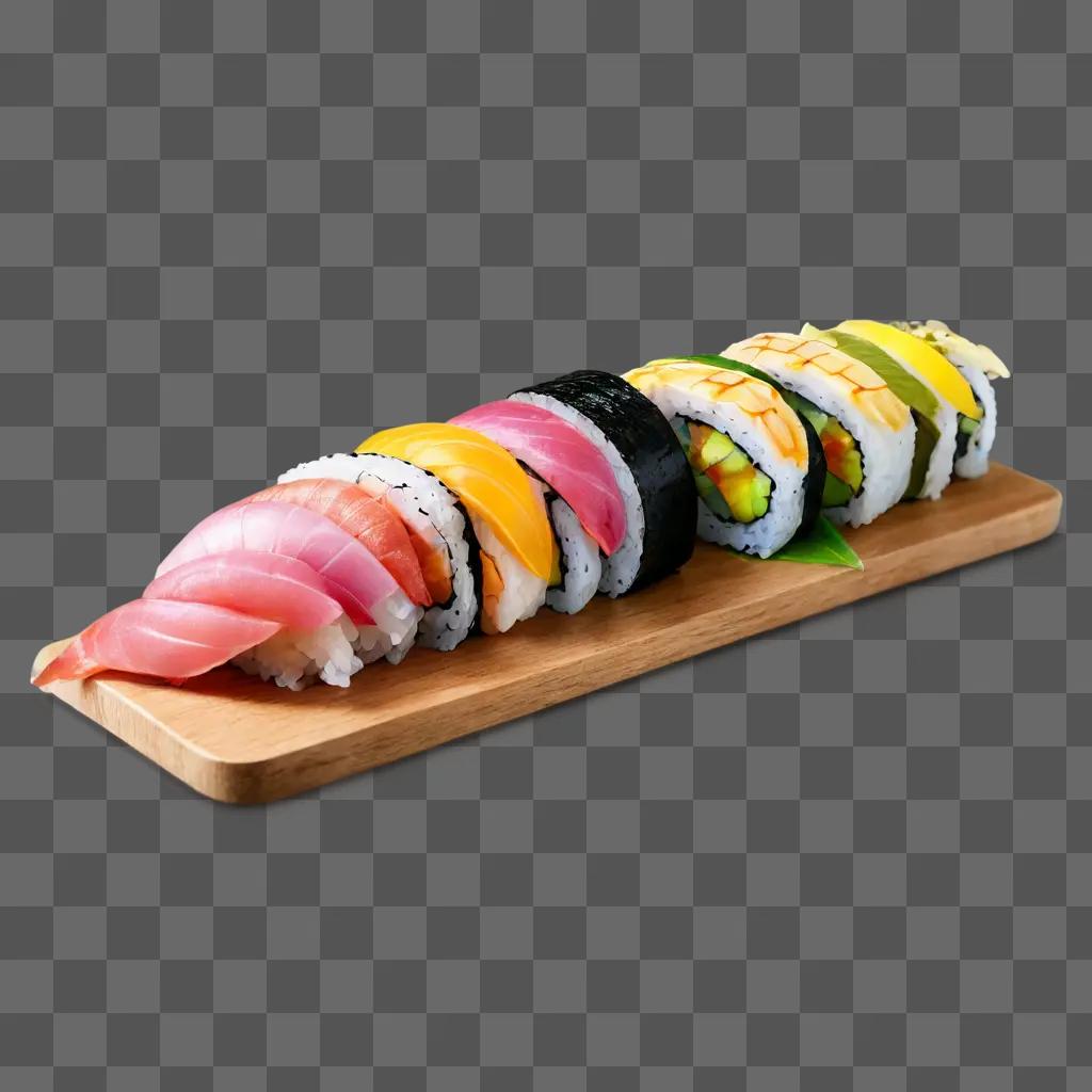 coy sushi drawing Sushi with colorful fillings displayed on wooden board