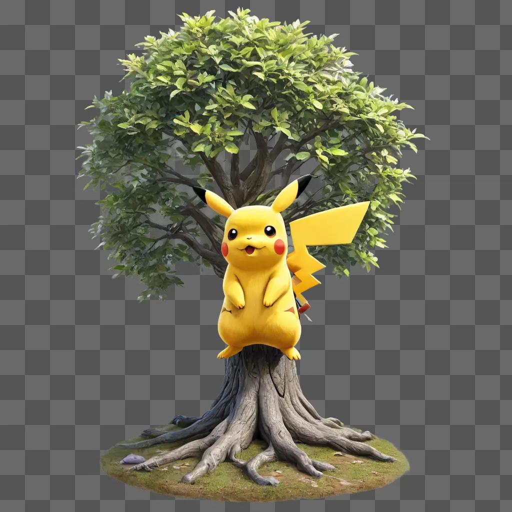 coy tree drawing A Pikachu figurine sits atop a tree stump