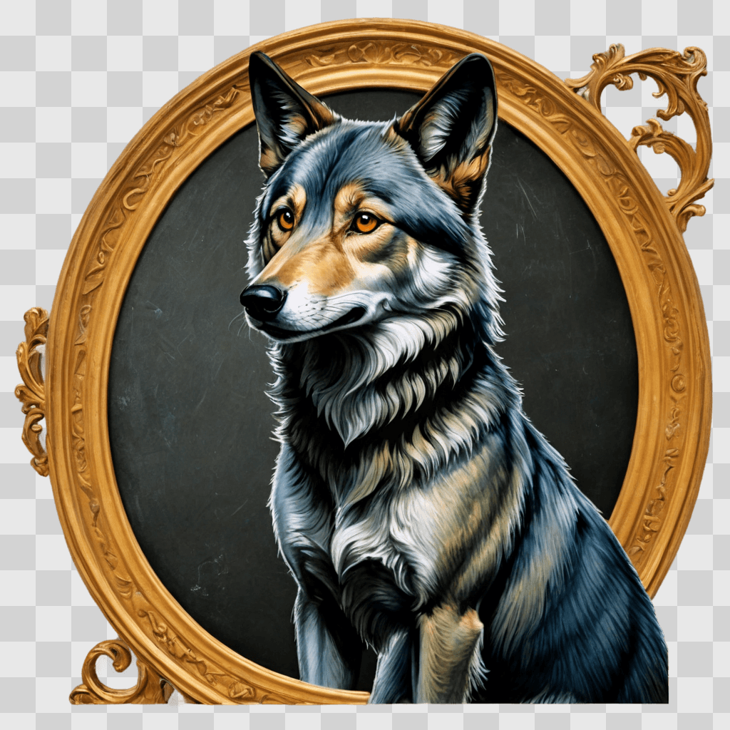 coy wolf drawing A dog in a portrait with a gold frame