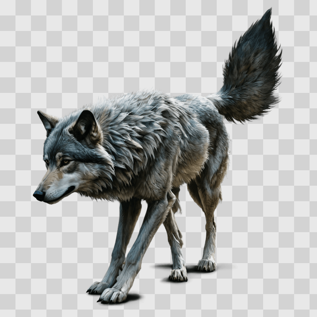 coy wolf drawing A wolf with a long tail walking on a gray background