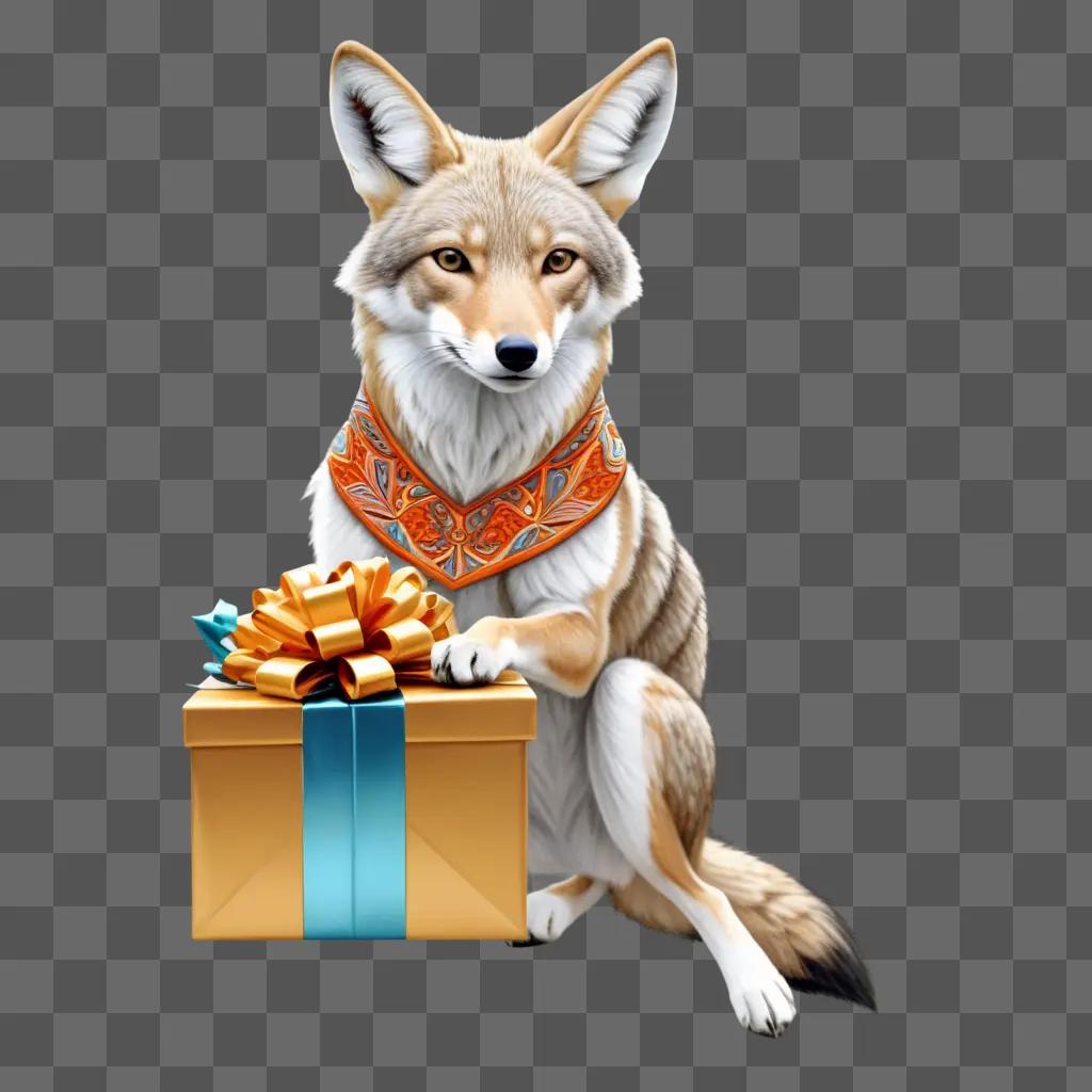 coyote sits next to a gift wrapped in a scarf