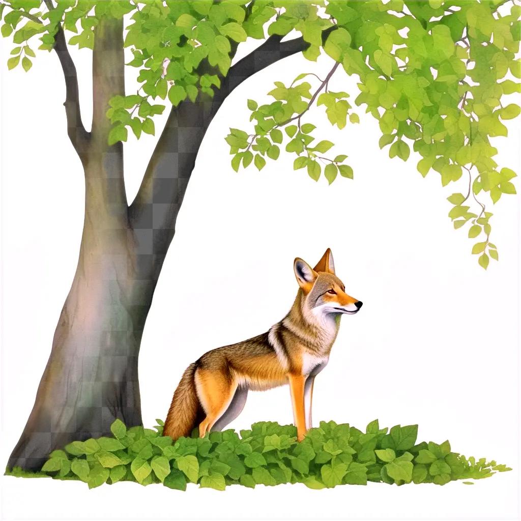 coyote standing under a tree