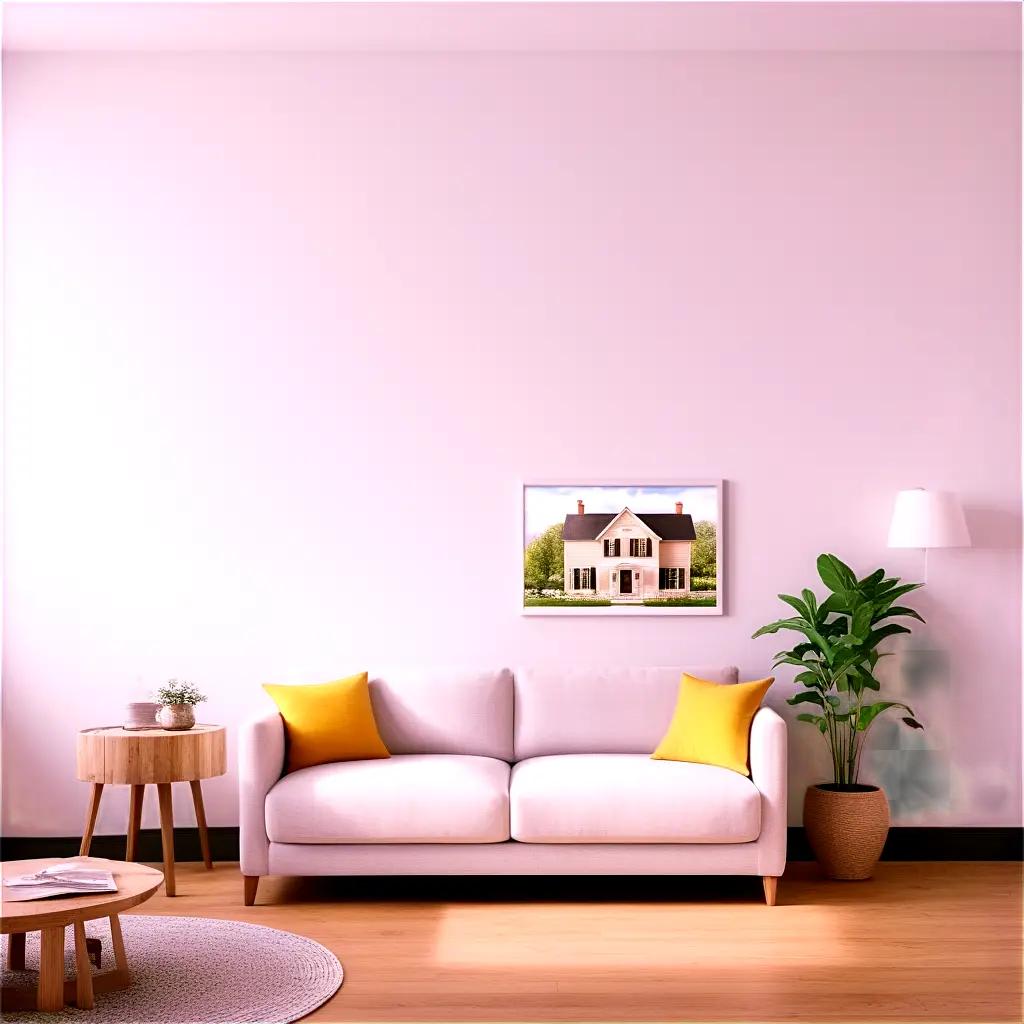 cozy home with a pink wall and a white couch