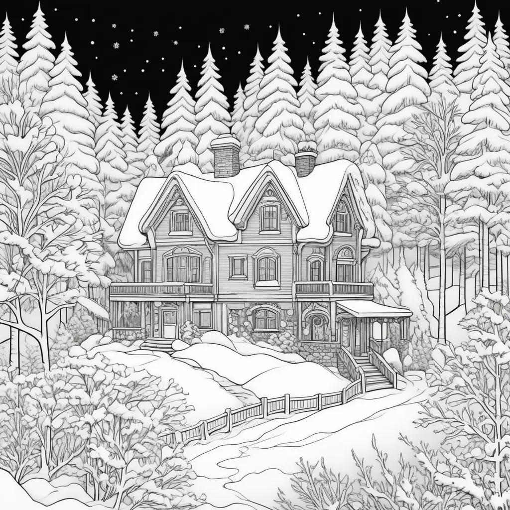 cozy house in a snowy forest on a free winter coloring page