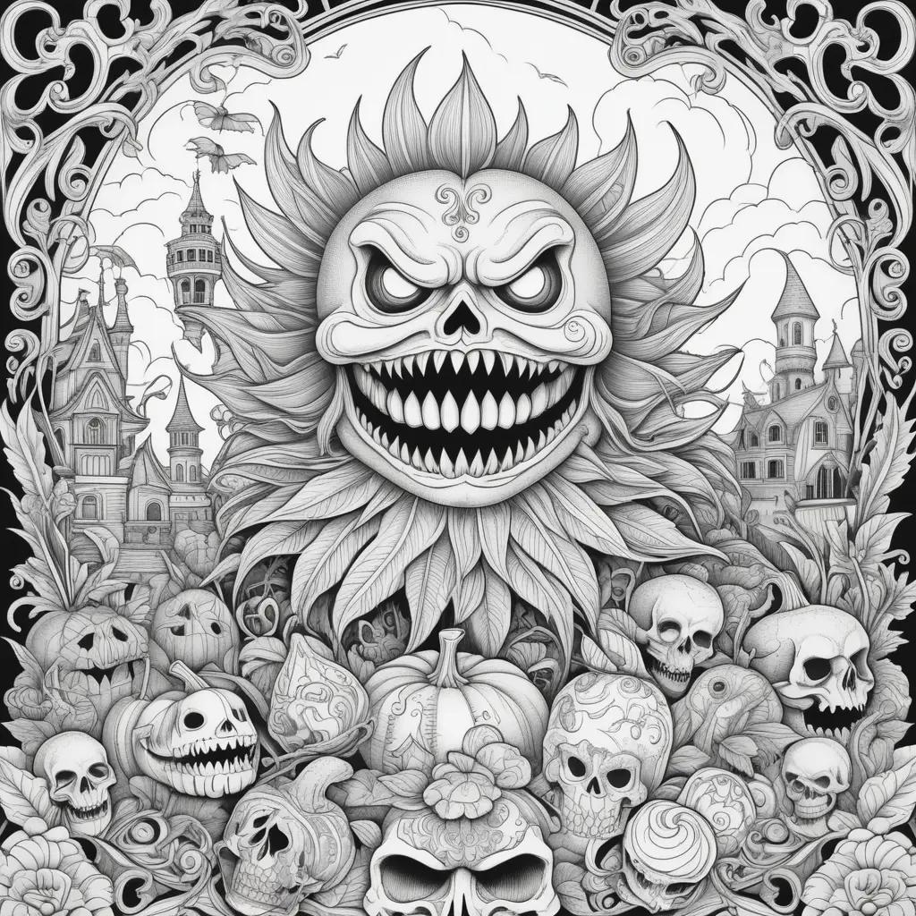 creepy coloring page with skulls and monsters