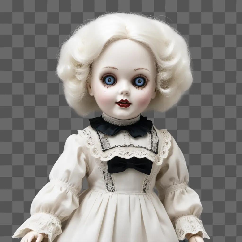 creepy doll in a white dress with blue eyes